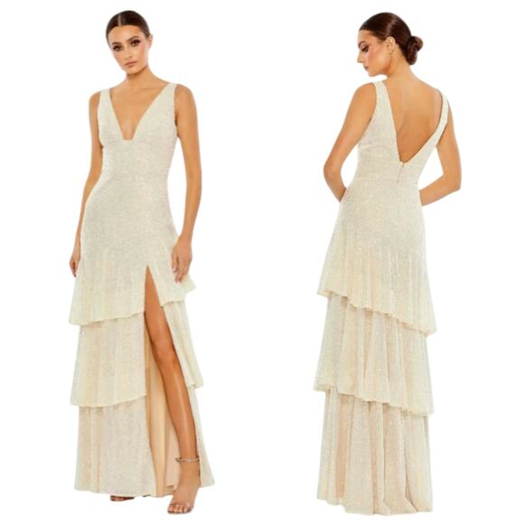 Mac Duggal V-Neck Sequin Tiered Ruffle Maxi Iridescent Formal Gown Dress, Sz 12 - Picture 1 of 12